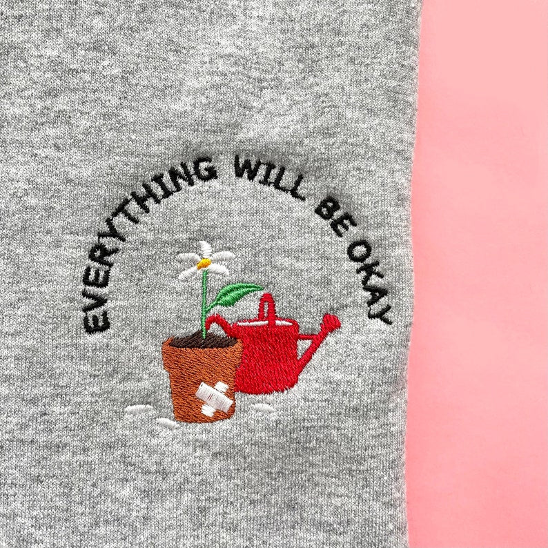 Everything Will Be Okay Embroidered Sweatshirt, Adult Unisex, Pocket Flower Embroidered Crewneck, Self Care Pull Over, Cute Embroidery Gift