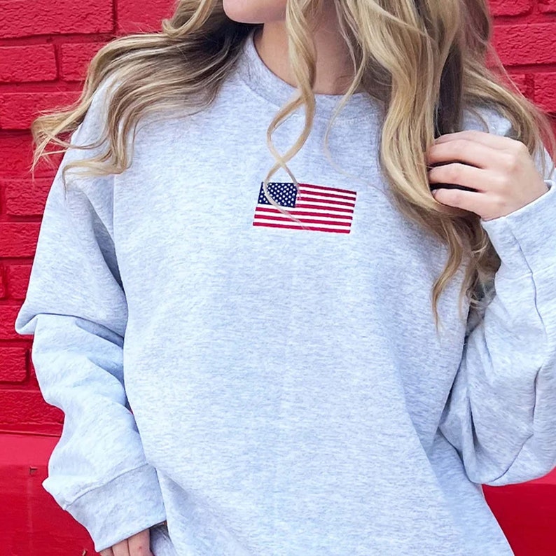 American Flag Embroidered Sweatshirt, 4th of July Sweatshirt, Trendy Crewneck Sweatshirt, Patriotic Sweatshirt, Independence Day Gifts