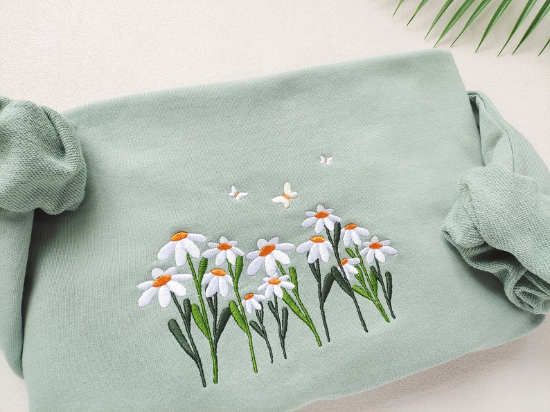 Daisies And Butterfly Embroidered Sweatshirt, Butterfly Sweatshirt,Crewneck Sweatshirt,Embroidery Patterns,Flower Embroidery, Best Gift