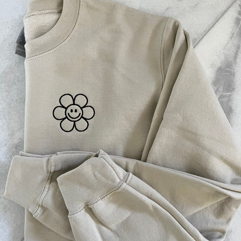 Smiley Face Flower Sweatshirt- Embroidered Crewneck- Monogrammed Sweatshirt- Flower Sweatshirt
