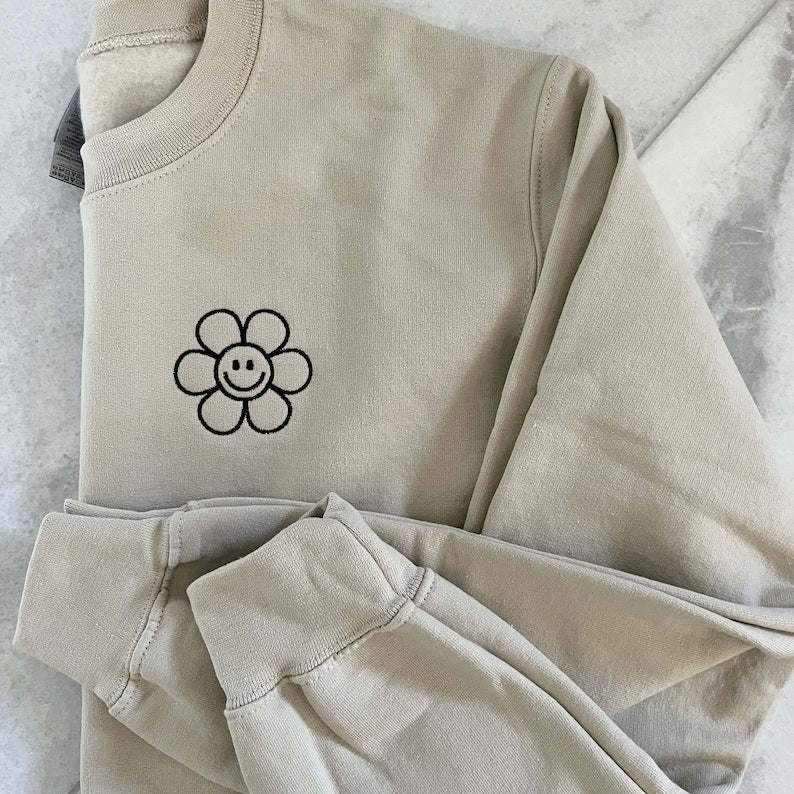 Smiley Face Flower Sweatshirt- Embroidered Crewneck- Monogrammed Sweatshirt- Flower Sweatshirt