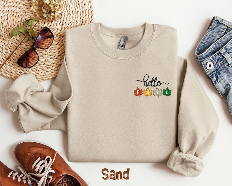 Hello Fall Sweatshirt, Thanksgiving Embroidered Sweatshirt, Hello Fall Embroidered Sweatshirt, Thanksgiving Family Shirt, Pumpkin Shirt