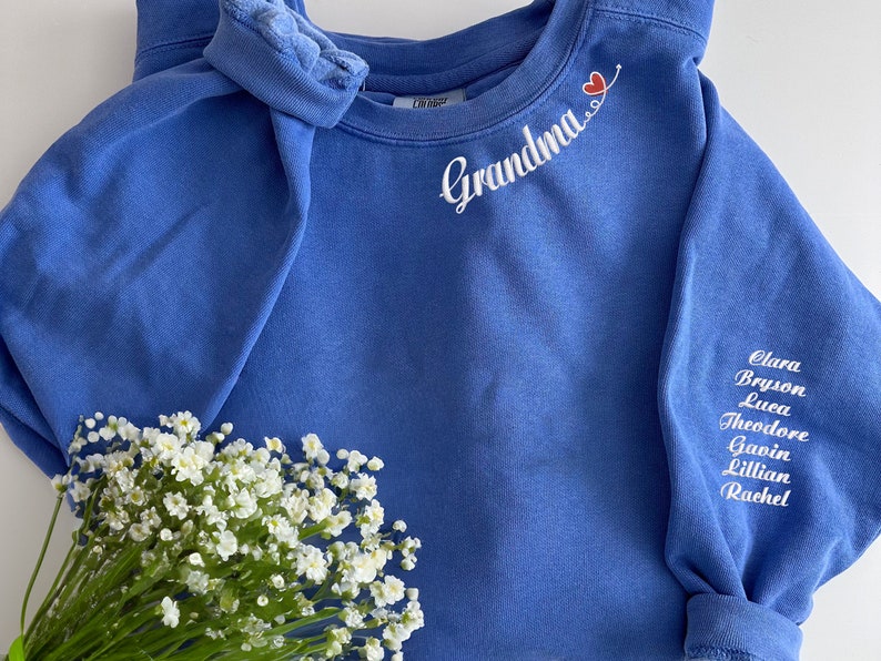 Comfort Colors® Custom Mama Embroidered Sweatshirt With Names On The Sleeve, Mom Crewneck, Gigi Crew Shirt, Custom Neckline Shirt