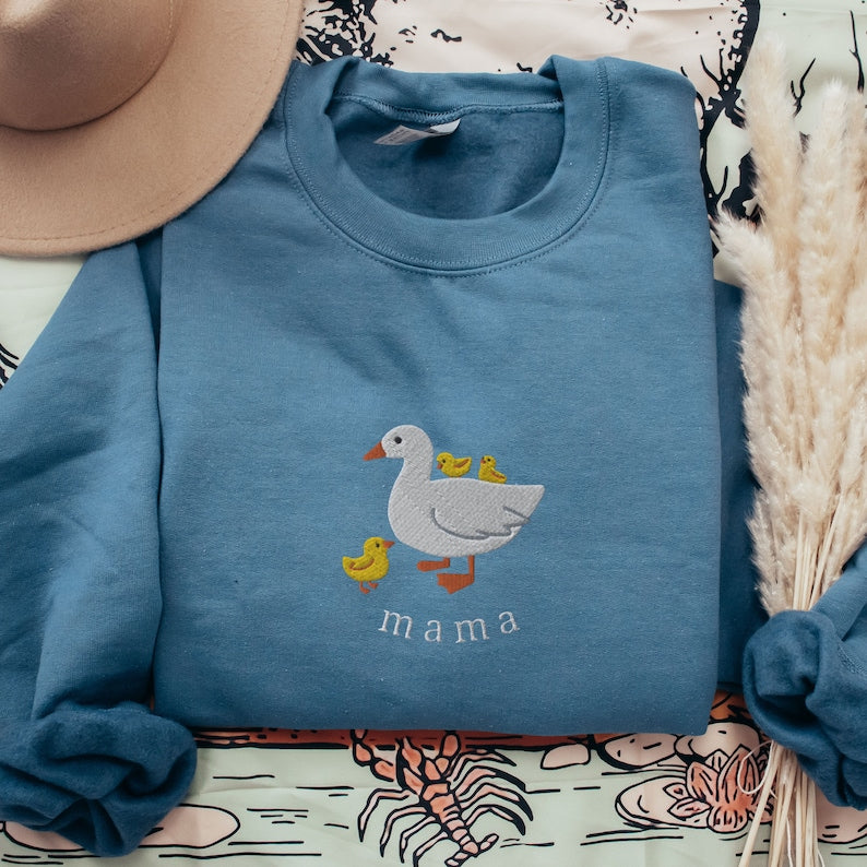 Mama Embroidered Sweatshirt, Cute Mama Goose Embroidery, Mothers Day Gift, Mom and Kids Shirt, Mama Duck and Ducklings, Mama and Chicks Crew