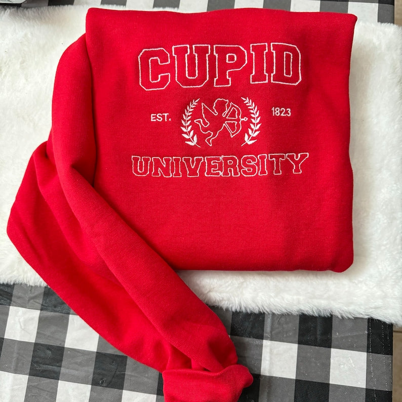 Cupid University Embroidered Sweatshirt- Y2K Style Embroidered Crewneck| unisex Sweatshirt- funny clothing- Valentines Day - Love - gift
