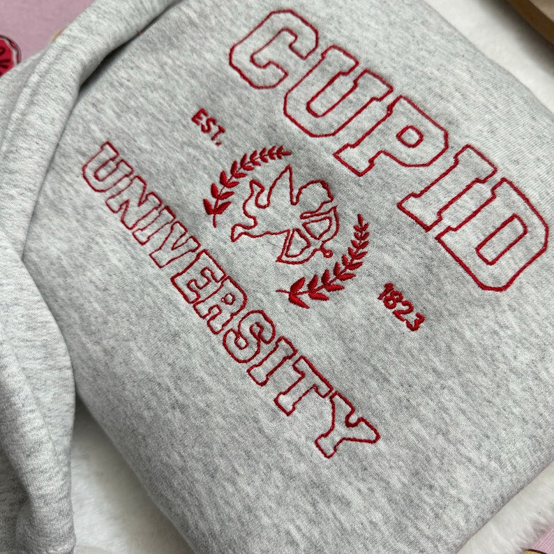 Cupid University Embroidered Sweatshirt- Y2K Style Embroidered Crewneck| unisex Sweatshirt- funny clothing- Valentines Day - Love - gift