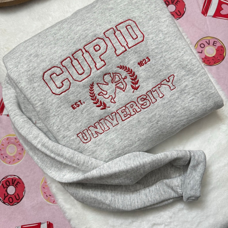Cupid University Embroidered Sweatshirt- Y2K Style Embroidered Crewneck| unisex Sweatshirt- funny clothing- Valentines Day - Love - gift