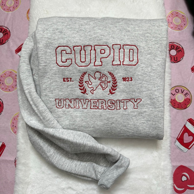 Cupid University Embroidered Sweatshirt- Y2K Style Embroidered Crewneck| unisex Sweatshirt- funny clothing- Valentines Day - Love - gift