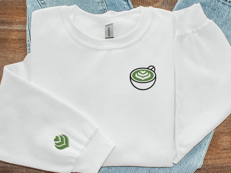 Matcha Embroidered Crewneck Sweatshirt, Matcha Gift, Matcha Lover Sweater, Matcha Mug Latte Art, Embroidery Sweater, Cute Matcha Tea Shirt