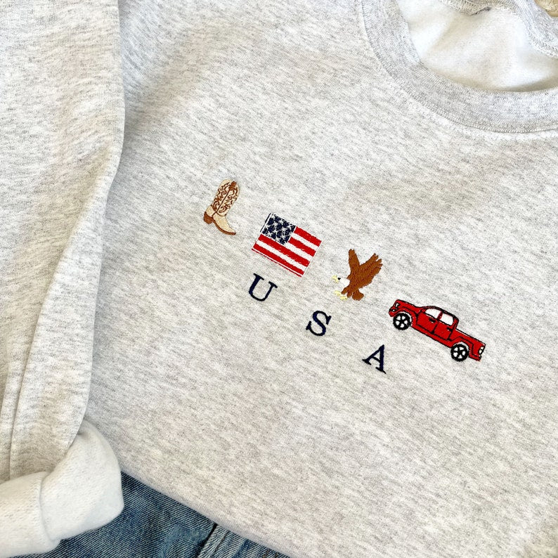 USA Embroidered Icons Crewneck Sweatshirt | America Sweatshirt | 4th of July crewneck | Country, Western, Cowboy Sweatshirt | G18EFJ2