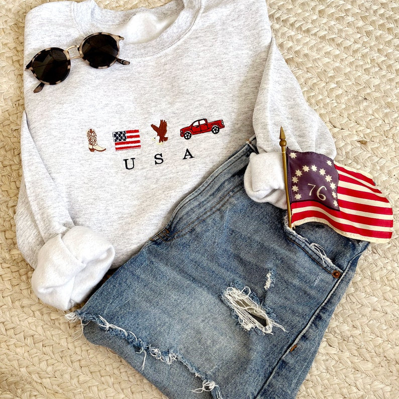 USA Embroidered Icons Crewneck Sweatshirt | America Sweatshirt | 4th of July crewneck | Country, Western, Cowboy Sweatshirt | G18EFJ2