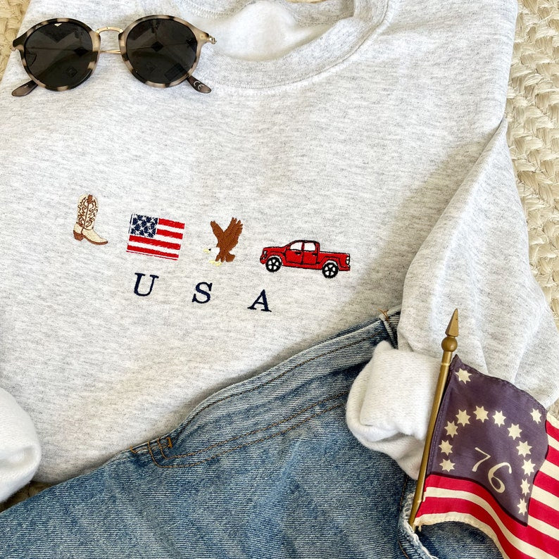 USA Embroidered Icons Crewneck Sweatshirt | America Sweatshirt | 4th of July crewneck | Country, Western, Cowboy Sweatshirt | G18EFJ2