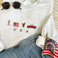 USA Embroidered Icons Crewneck Sweatshirt | America Sweatshirt | 4th of July crewneck | Country, Western, Cowboy Sweatshirt | G18EFJ2