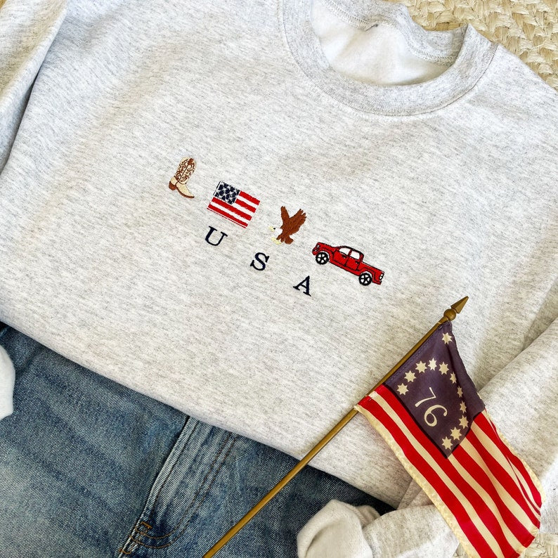USA Embroidered Icons Crewneck Sweatshirt | America Sweatshirt | 4th of July crewneck | Country, Western, Cowboy Sweatshirt | G18EFJ2