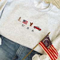 USA Embroidered Icons Crewneck Sweatshirt | America Sweatshirt | 4th of July crewneck | Country, Western, Cowboy Sweatshirt | G18EFJ2