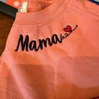 Comfort Colors® Custom Mama Embroidered Sweatshirt With Names On The Sleeve, Mom Crewneck, Gigi Crew Shirt, Custom Neckline Shirt