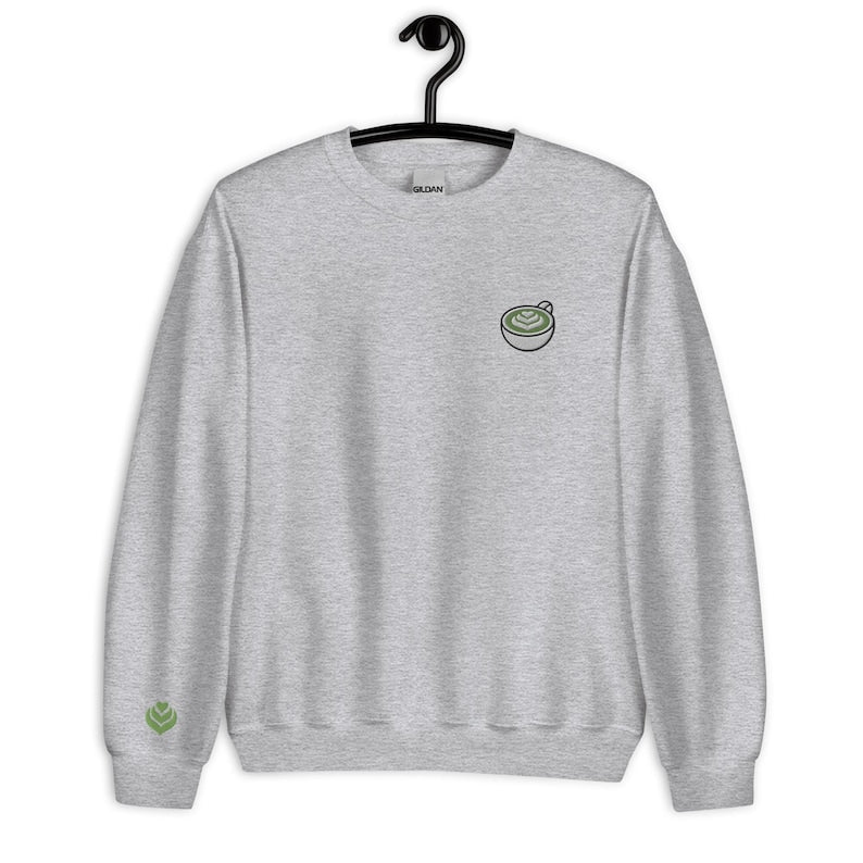 Matcha Embroidered Crewneck Sweatshirt, Matcha Gift, Matcha Lover Sweater, Matcha Mug Latte Art, Embroidery Sweater, Cute Matcha Tea Shirt