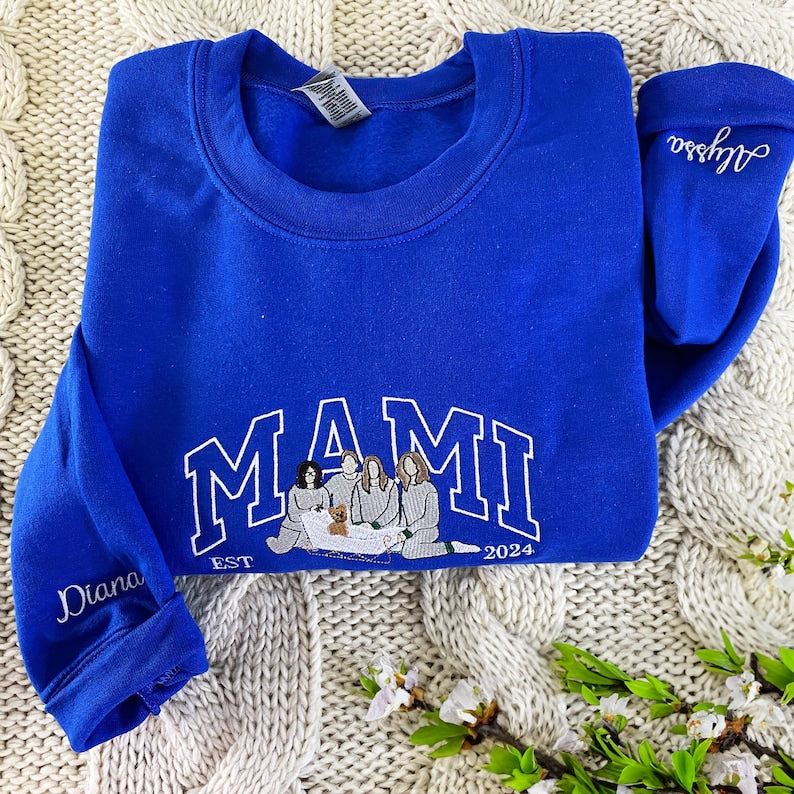 Mama Sweatshirt with Photo, Custom Embroidered Hoodie Mama and Kids Portrait, Varsity Shirt, Family Portrait Hoodie, Christmas Gift For Mom