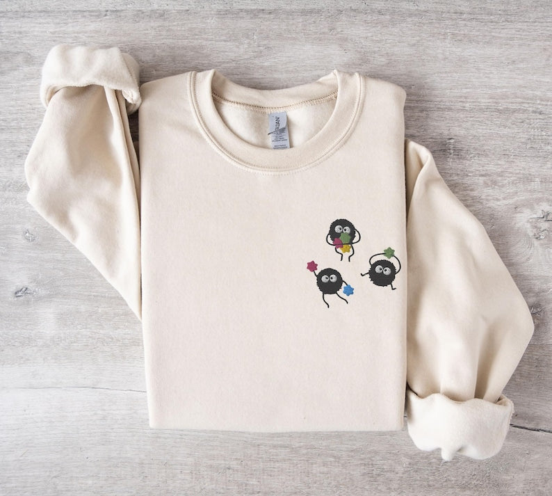 Embroidered Soot Long Sleeve Shirt | Embroidery Sweater | Anime Gifts | Crewneck Sweatshirt