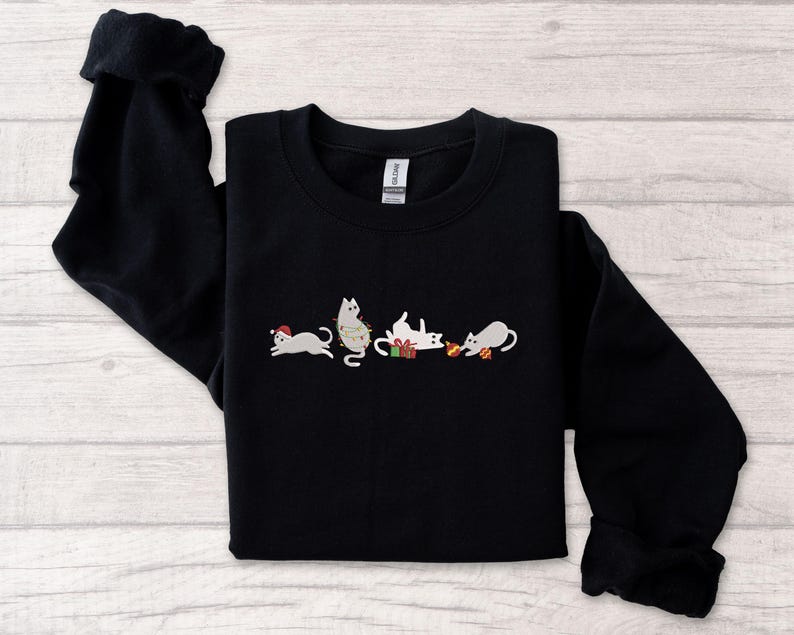 Christmas Cute Cat Embroidered Sweatshirt | Embroidered Funny Christmas Hoodie |Christmas Cute Cat Sweater | Cat Lover Crew Neck Sweatshirt
