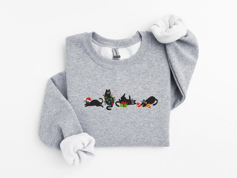 Christmas Cute Cat Embroidered Sweatshirt | Embroidered Funny Christmas Hoodie |Christmas Cute Cat Sweater | Cat Lover Crew Neck Sweatshirt