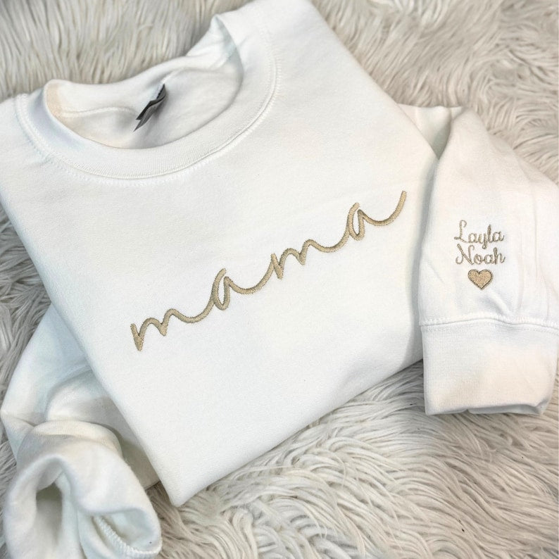 Custom Mama Embroidered Sweatshirt, Curved Neckline Mama Sweatshirt, Personalized Mom Embroidered Sweatshirt, Pregnancy Announcement