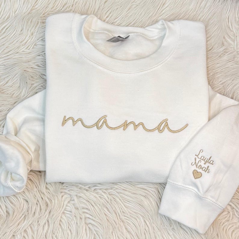 Custom Mama Embroidered Sweatshirt, Curved Neckline Mama Sweatshirt, Personalized Mom Embroidered Sweatshirt, Pregnancy Announcement