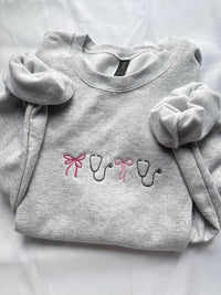 Nurse Bow and Stethoscope Crewneck Embroiderey/Hoodie cute applique embroidery nicu, er, trama, ocu, nurse apparel, nurse sweatshirt