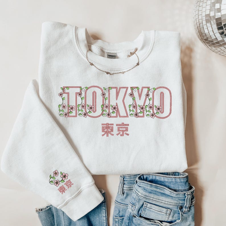 Tokyo Embroidered Sweatshirt, Japan Sweatshirt, Tokyo Souvenir, Tokyo Gift, Cherry Blossom, Sakura, vacation, Japan embroidered crewneck