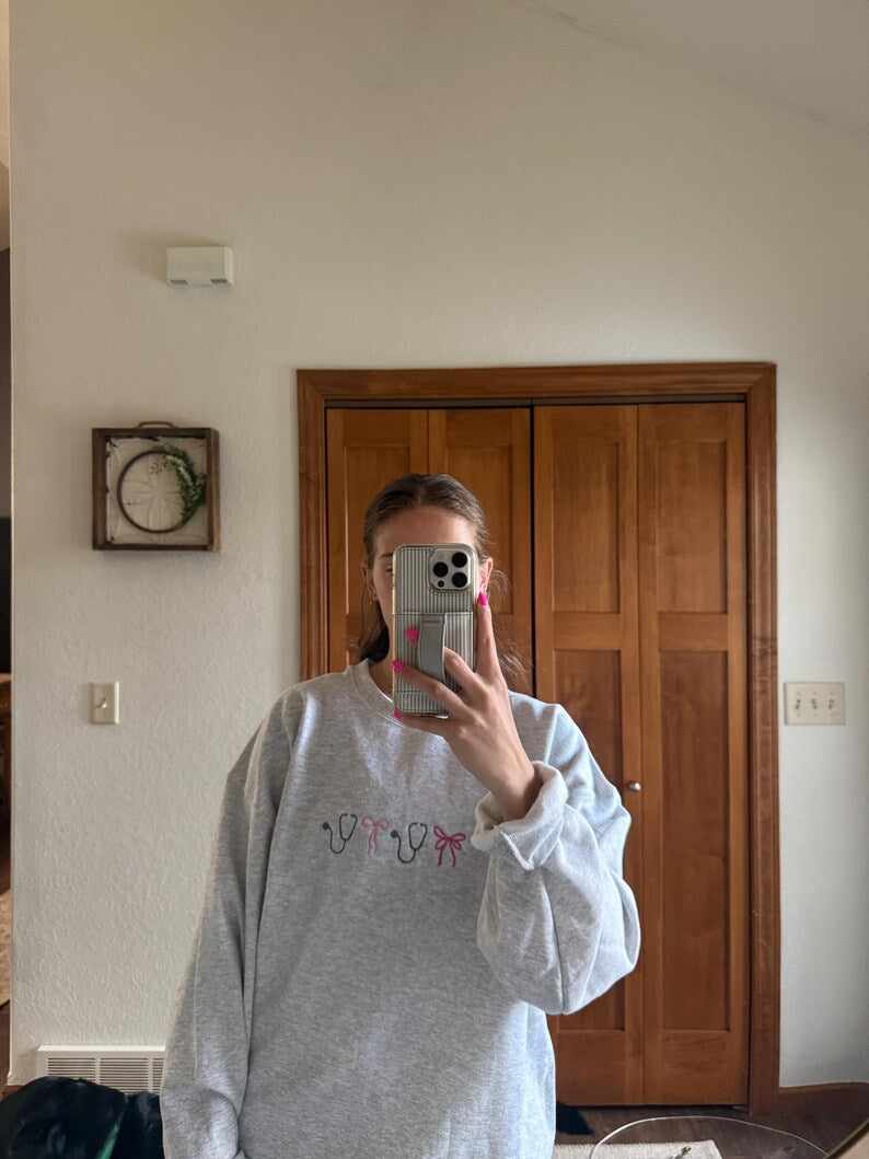 Nurse Bow and Stethoscope Crewneck Embroiderey/Hoodie cute applique embroidery nicu, er, trama, ocu, nurse apparel, nurse sweatshirt