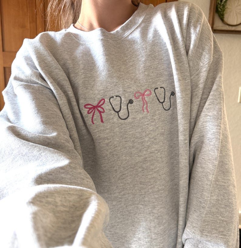 Nurse Bow and Stethoscope Crewneck Embroiderey/Hoodie cute applique embroidery nicu, er, trama, ocu, nurse apparel, nurse sweatshirt
