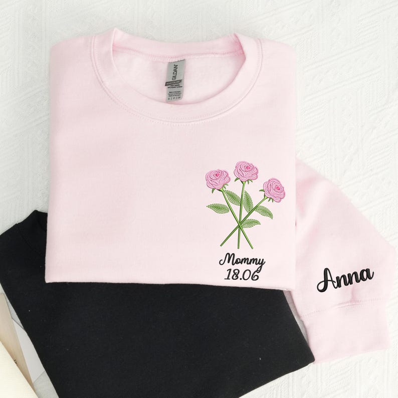 Birth Flower Embroidered Sweatshirt – Custom Mama Sweatshirt with Kids’ Names – Grandma’s Garden Gift – Personalized Mother’s Day Sweatshirt