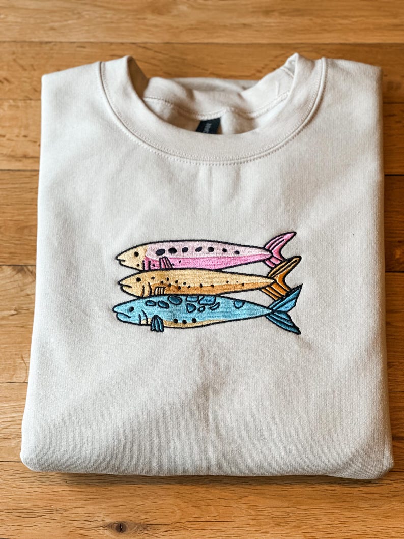 Embroidered Fish Sweatshirt | Colorful Sardine Crewneck | Coastal Unisex Pullover | Marine Life Gift | Fishing Sweater | Ocean Lover Apparel