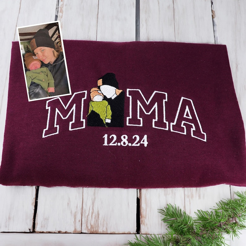 Mama Sweatshirt with Photo, Custom Embroidered Hoodie Mama and Kids Portrait, Varsity Shirt, Family Portrait Hoodie, Christmas Gift For Mom