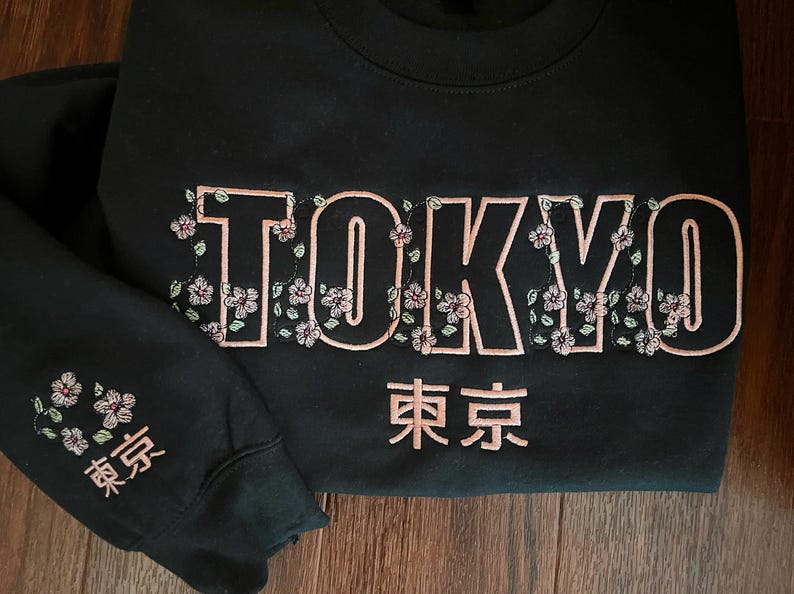 Tokyo Embroidered Sweatshirt, Japan Sweatshirt, Tokyo Souvenir, Tokyo Gift, Cherry Blossom, Sakura, vacation, Japan embroidered crewneck